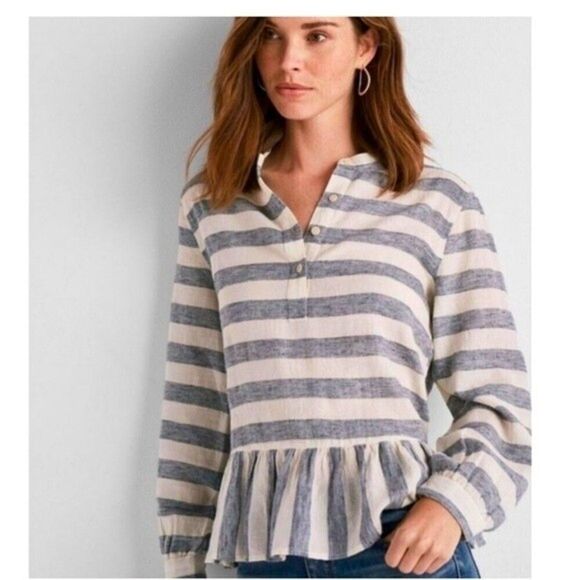 Lucky Brand blouse Women Gray white Striped Long Sleeve Peplum Hem Top small - Picture 1 of 5